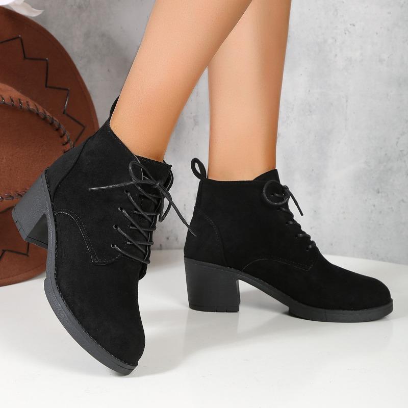 Fall New Style Chunky Size-large British Style Marten Boots for Women with Round Toe and Suede Mid-heel Short Boots