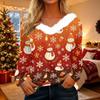 Women's Casual Christmas Print V-Neck Top with Plush Collar and Long Sleeves