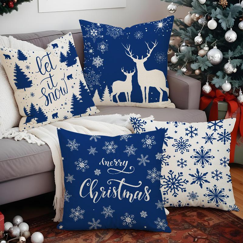 New Blue Deer Christmas Pillowcase Linen Printed Pillowcase Festive Indoor Sofa Decoration Cushion Cover