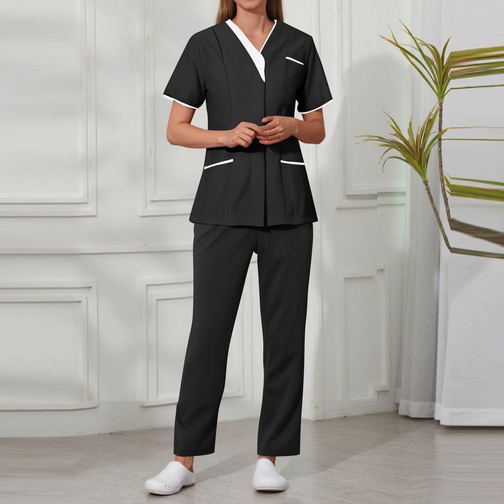 Women's Fashion Solid Short Sleeve V Neck Pattern Tops Pocket Working Set