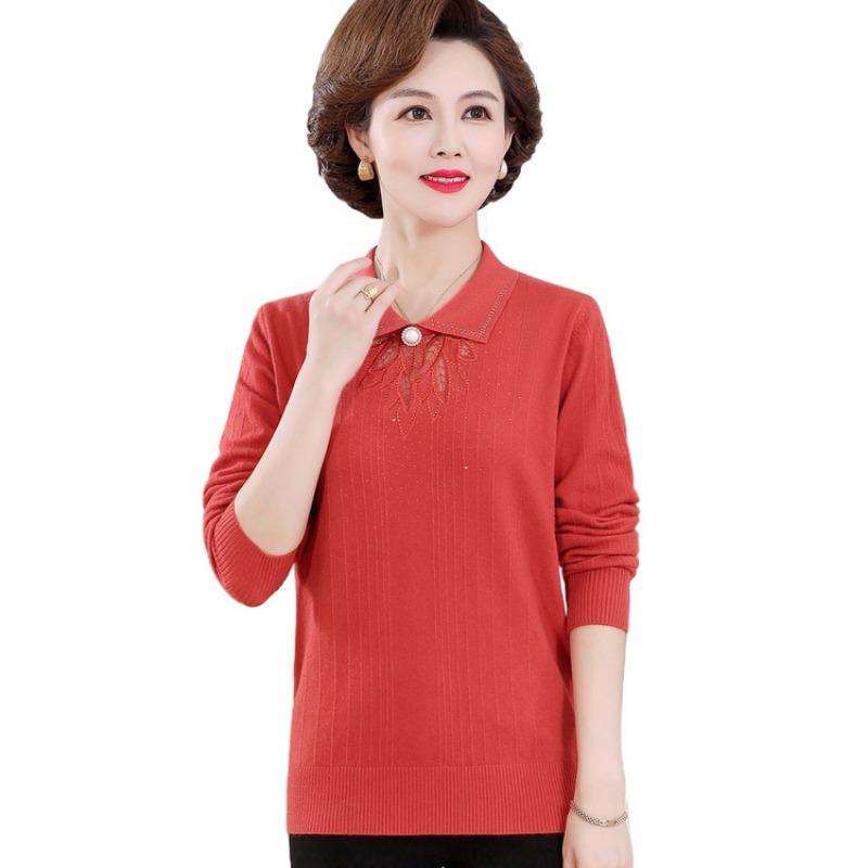 Mom Spring Long-sleeved Top Chinese Manual Translation Collar Knitted Sweater Middle-aged and Elderly Grandma Women's Spring and Autumn Casual Sweater