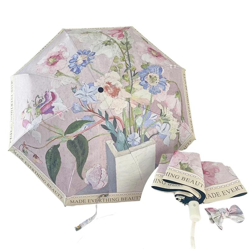 Retro Oil - Painting Three - Fold Automatic Black Glue Sun Protection Umbrella UV - Resistant Practical Household Product