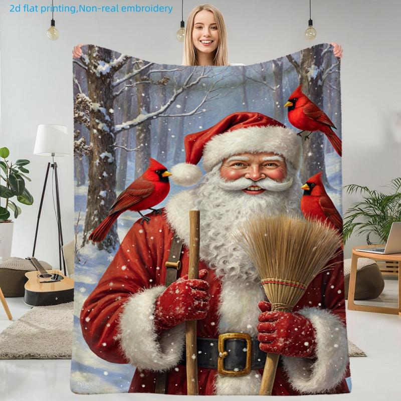 1pc Christmas Theme Santa Claus And Red Bird Printed Blanket, Festive Atmosphere, Multi-Size Available, Autumn Thanksgiving Christmas Nap Blanket, Sui