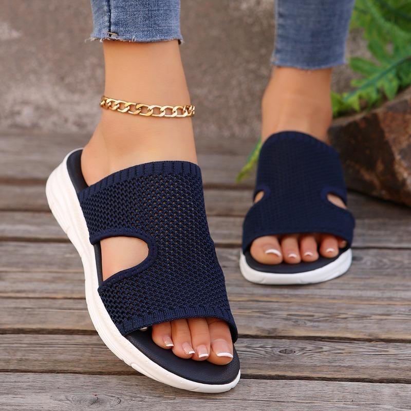 New large size fly-woven one-word hollow women's cool slippers slope heel fish mouth thick-soled slippers