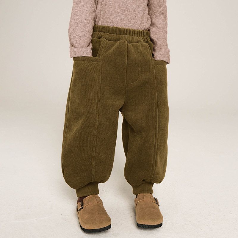 Children s Clothing Boys  Fleece-lined Bear Pants Winter Kids Single-Layer Fleece-Lined Casual Pants Children Thicken Ankle-Tied Pants Mustard Yellow 120 cm