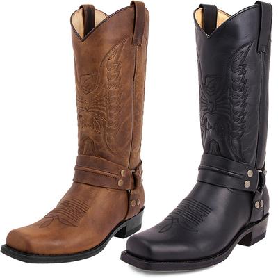 Haftowane buty kowbojskie dla mężczyzn, wciągane, jesienne, kwadratowe, robocze buty męskie, wytrzymałe, grube buty na obcasie, retro, antypoślizgowe, do połowy łydki