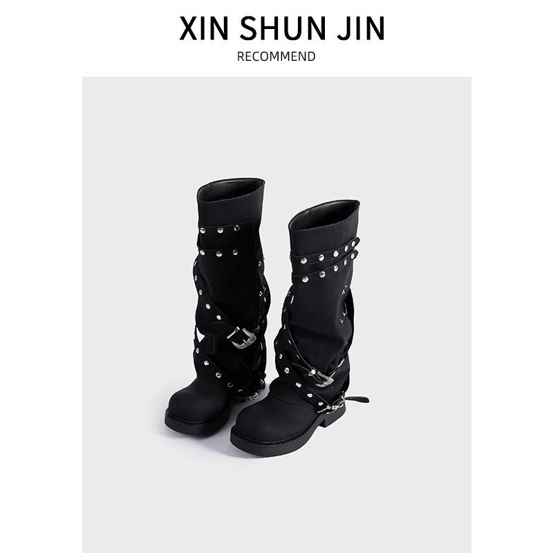 Maillard Trouser Boots Autumn New Women's Retro Round Head Niche Design Long Boots Rivet Knight Boots