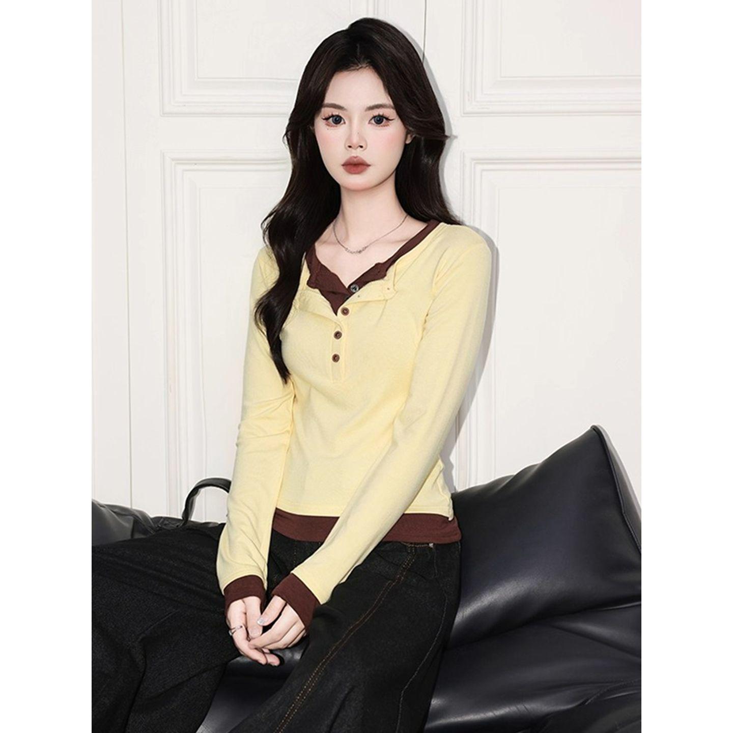 

Korean Style Yellow Two-Piece Look Long-Sleeve Women s T-shirt, Autumn Design, Slim Fit, Cinched Waist, Inner Layer Base Shirt. M жёлтый