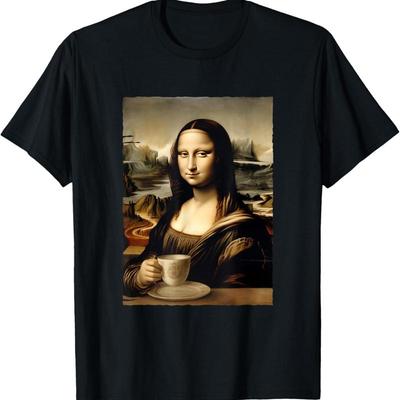 New Limited Mona Lisa Drinking Coffee Funny T Shirt