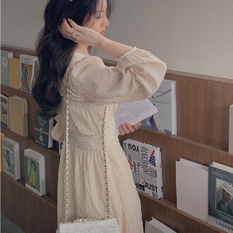 Vintage French Puff Sleeve Midi Dresses for Women Party Korean Sequins Dress Elegant Fairy Wedding Female Clothes Autumn 2024