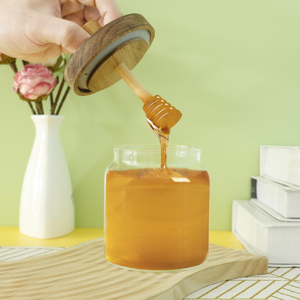 2 PCS Glass Storage Bottles Honey Jars w/ Dipper and Lid Wide Mouth Honey Containers Syrup Dispenser for Storing Honey and Syrup