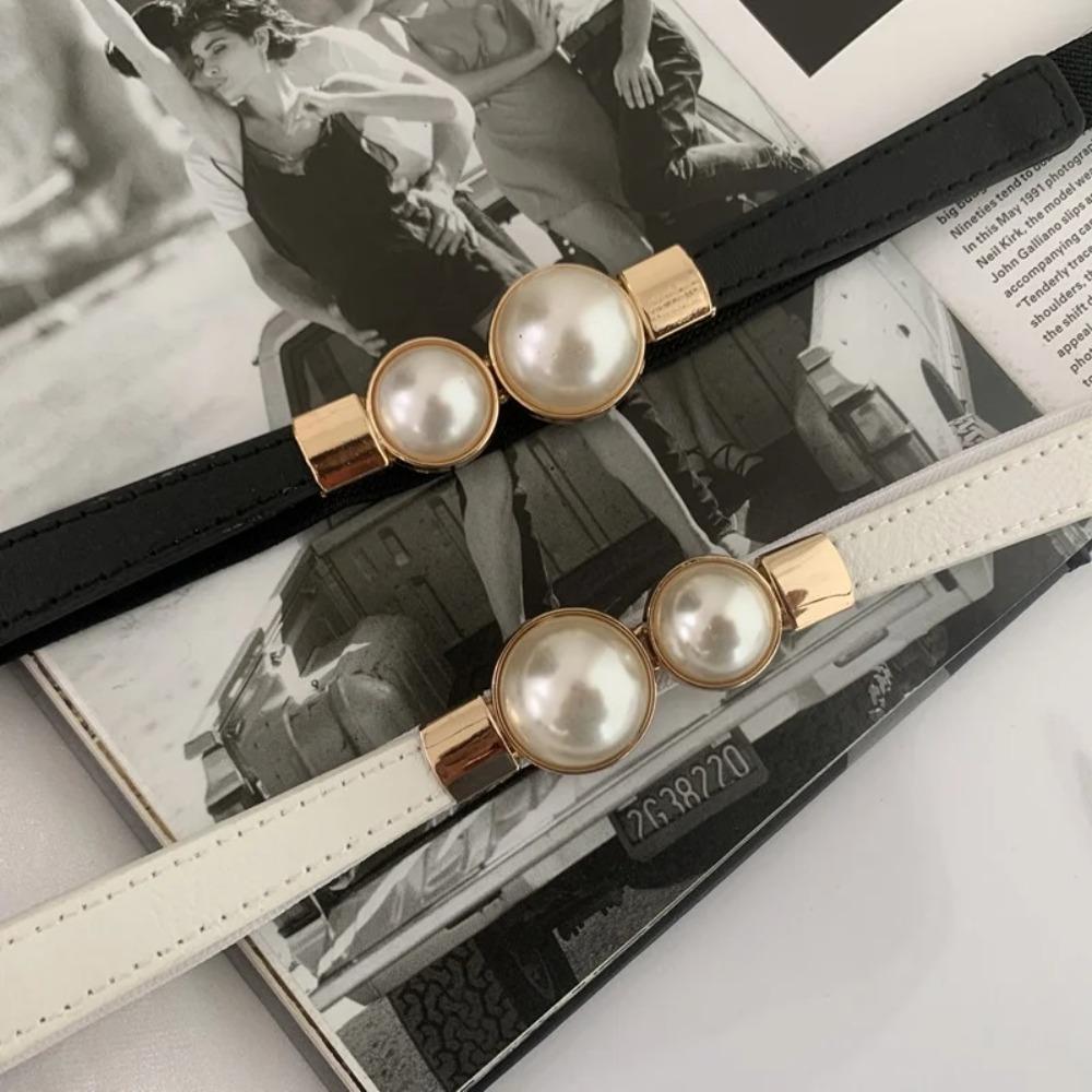 1PC Elegant Double Pearls Buckle Elastic Women Belts Thin Straps Lady Girl Dress Skirt Decor Waistbands Trouser Decoration