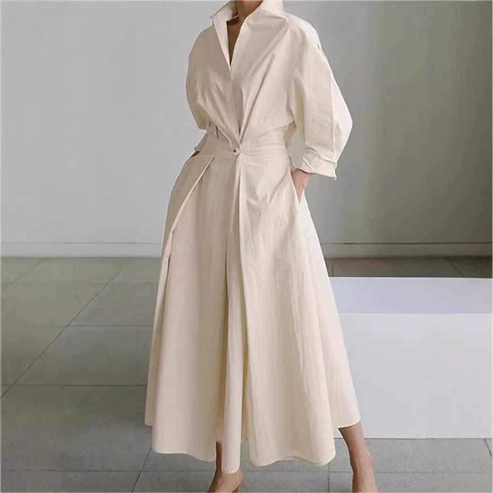 

Spring & Autumn Polo Collar Swing Dress: Simple, Loose Fit for Commute Small