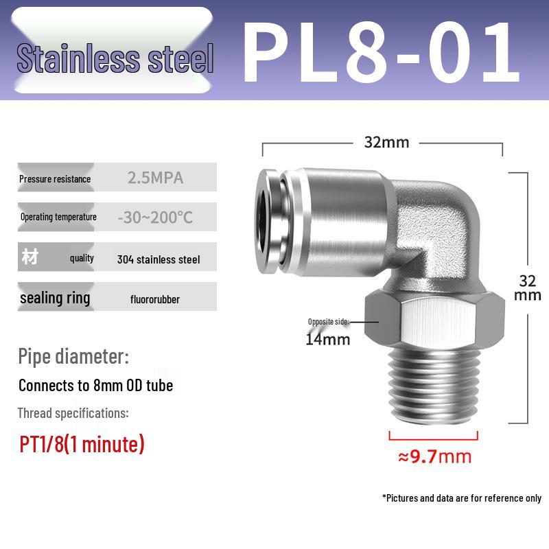 Zhuo Ji 304 Stainless Steel Pneumatic Quick Connect Fittings - PL8-02/4-M5/6-01/10-03 Thread