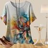 Women's Casual Loose Spring Shirt Women's Short Sleeve Lotus Graffiti Printed Tops