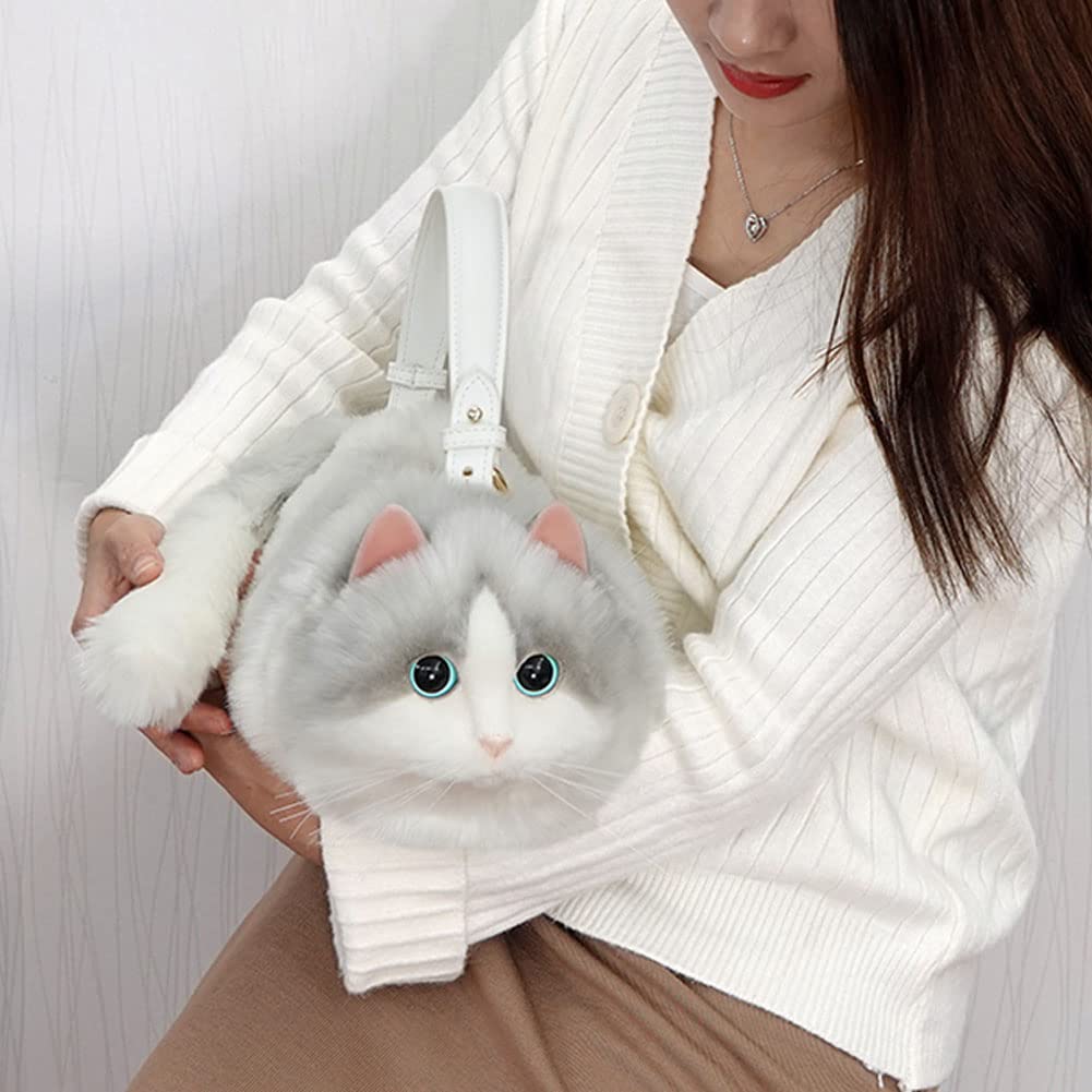 HIGHAWK Lifelike Plush Cat Fluffy Shoulder Bag for Gift for Cat Soothing Ornament Size Realistic, Bag, Women, Lovers, (Gray, L)