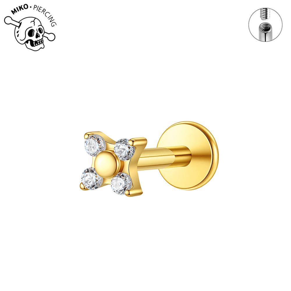 ASTM F136 Titanium Anodizing Four Petal Flower CZ Cartilage Earring 16G Internally Threaded Flat Back Labret Piercing Jewelry
