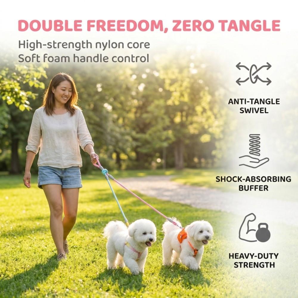 360° Swivel Dual Dog Leash Set Gradient Color Pet Training Lead Dog Running Leash Dog Supplies