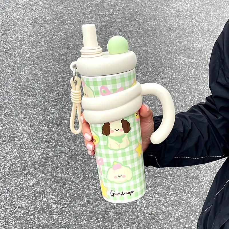 Cute Vacuum Thermos Bottle Double Wall Insulated Straw Tumbler Leakproof Tumbler with Handle Thermos for Car Camping Drinkware