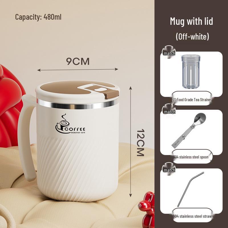 Portable Stainless Steel Mug with Lid, Spoon & Tea Infuser - Multi-Purpose Cup for Tea, Coffee, Milk, or Water.