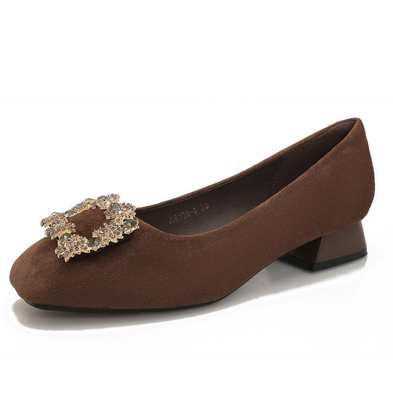 Square Head Low-heeled Single Shoes Women's 2025 New Spring and Autumn Women's Shoes Suede, Shallow Mouth Rhinestone Square Buckle, Not Tired of Thick