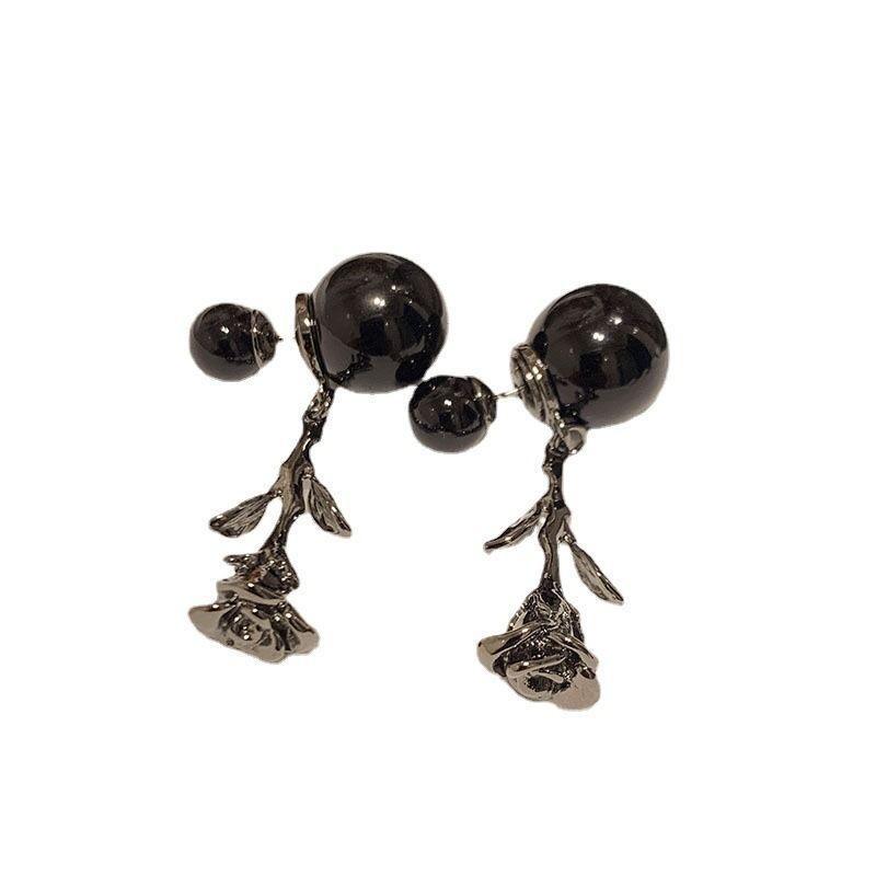 European and American personalized black rose earrings, double-sided long fringed camellia stud earrings, temperament trendy and cool earrings