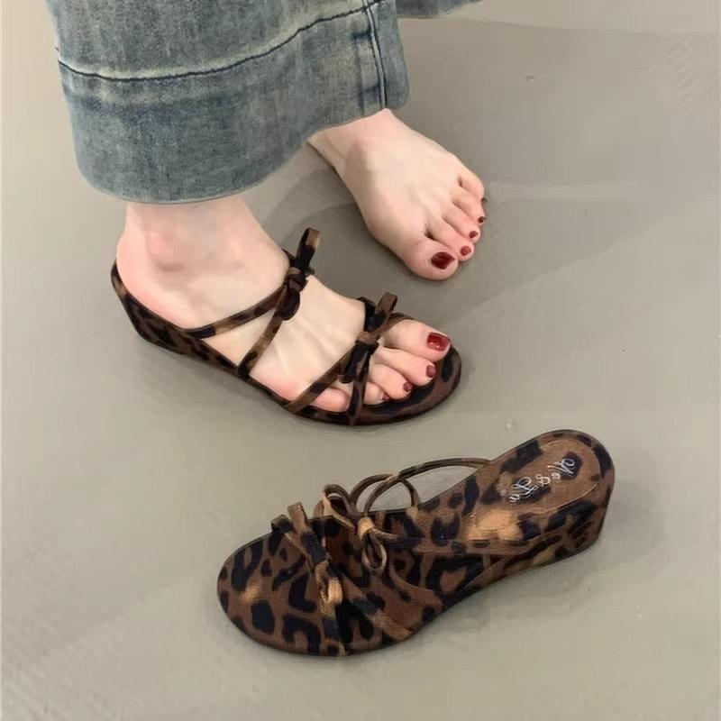 Summer 2025 Women's Wedge Heel Slippers with Butterfly Knot Soft Bottom Outdoor Wear Microfiber Korean Style Ladies Slides