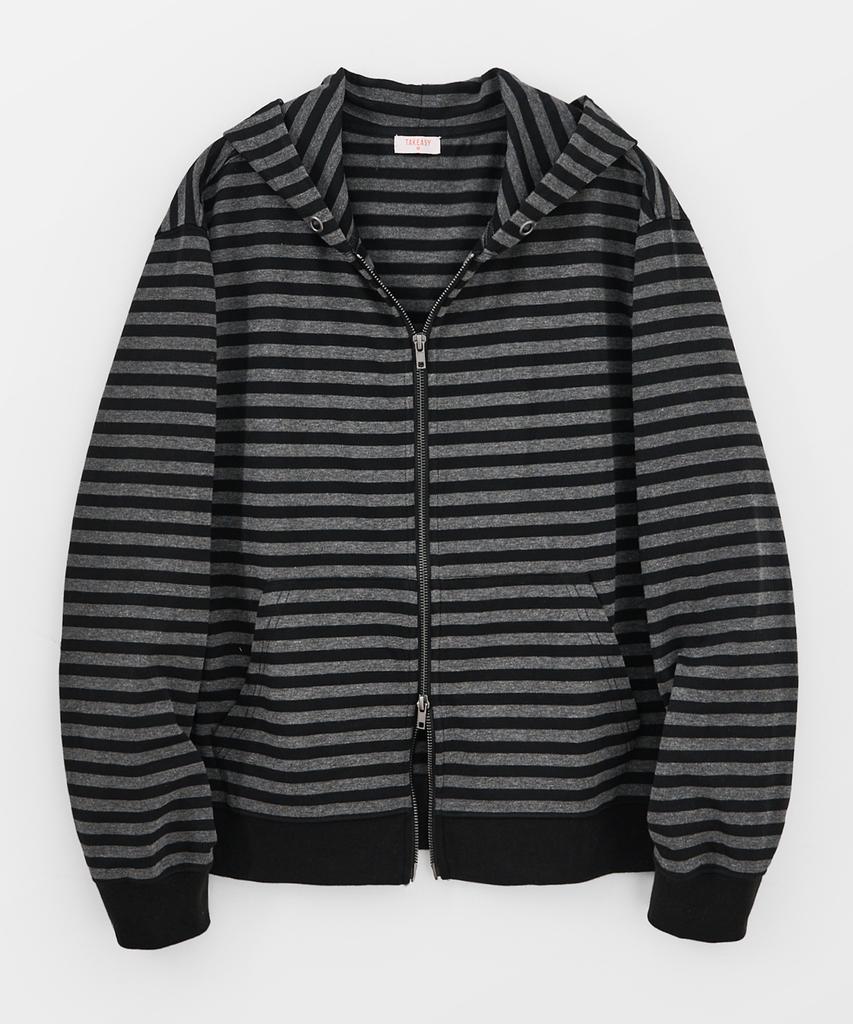 Takeasy [Crop T-Shirt Added] Striped Crop Zip-Up Hoodie (Charcoal)