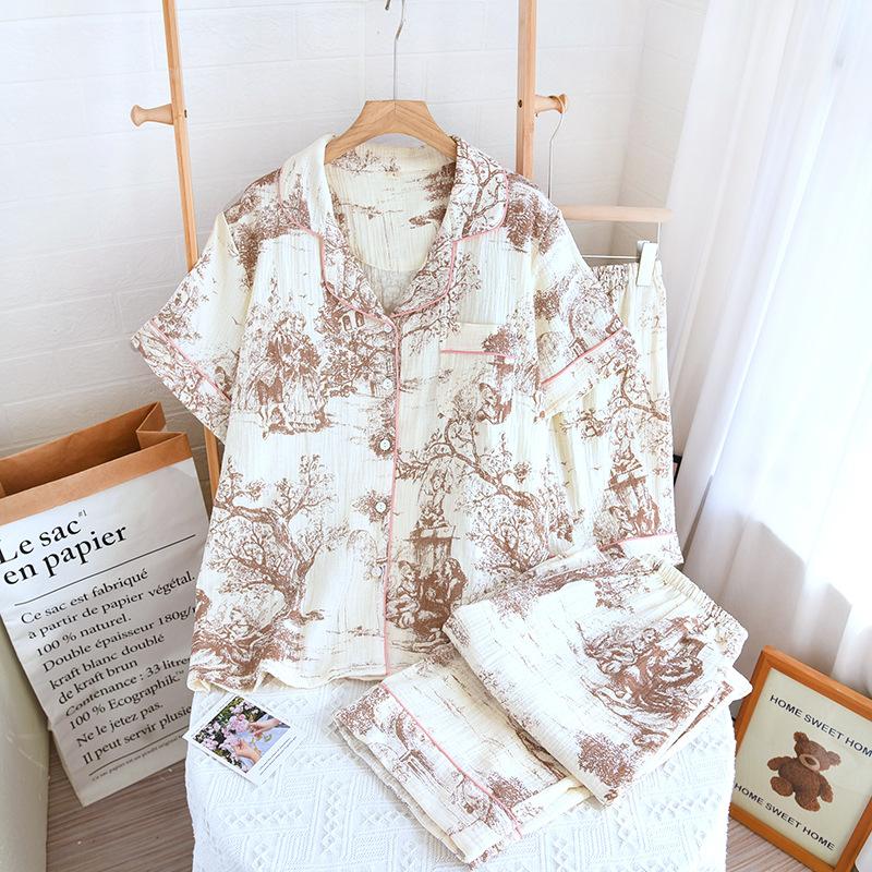 Pajamas women's spring and summer new pure cotton floral short-sleeved cardigan set Korean sweet lapel double-layer yarn loungewear