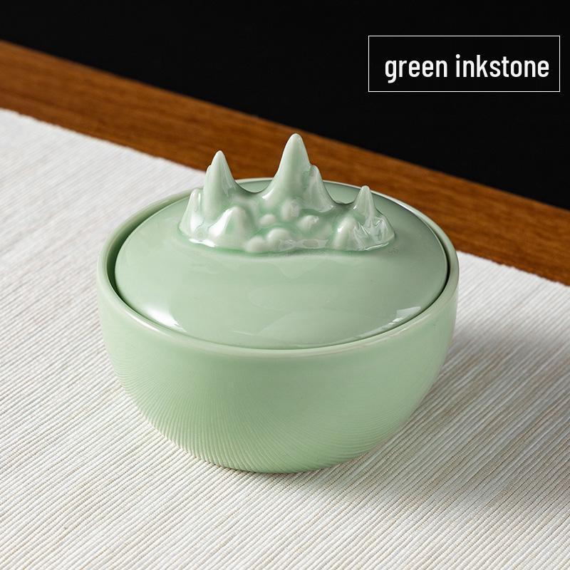 Ru Kiln Celadon Inkstone: Double Circle Inkwell with Lid, Anti-Dry Calligraphy Ink Dish, Antique Ink Box.