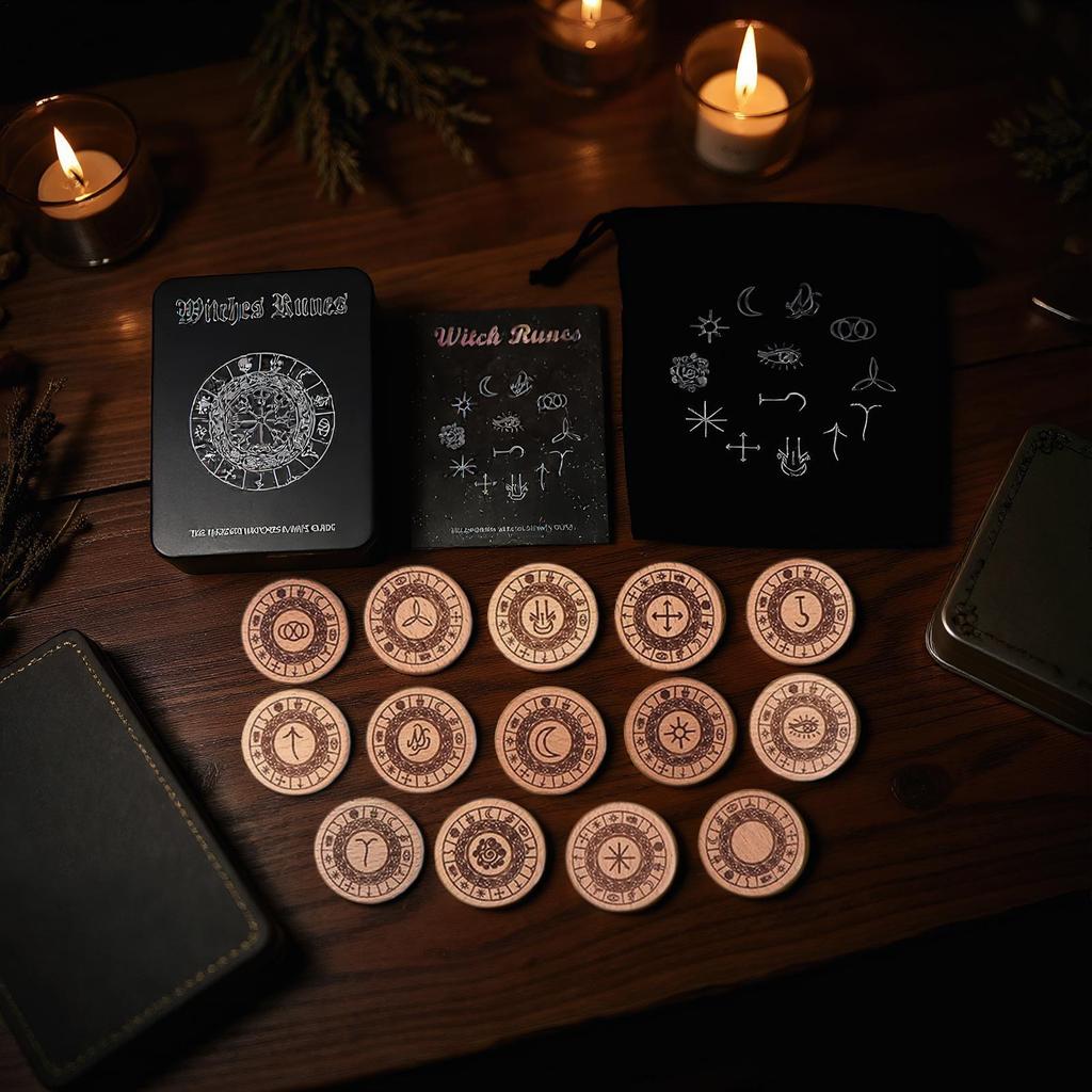 Runes Set 14 Pieces Woodcut Spiritual Wooden Rune Divination Game Set for Birthdays Family Gatherings Friends Adventure