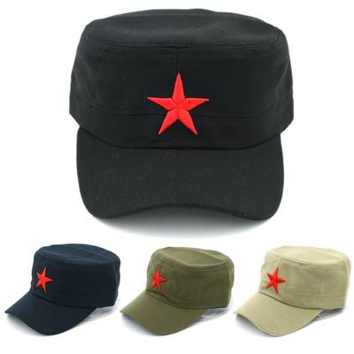 Mistdawn Gorra Militar de Algodón Unisex Primavera Verano Playa Exterior Calle Calle Fresca Sombrero para el Sol Iglesia Sombrero de Copa Plana Con Estrella Roja