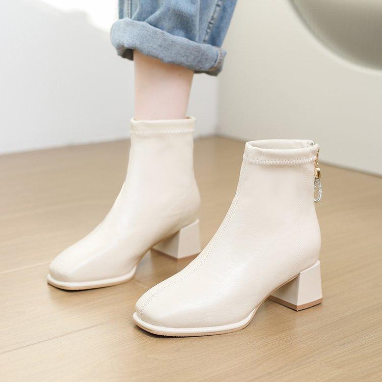 Square head thick heel short boots women's high heel Martin boots 2026 autumn and winter new rear zipper temperament elastic thin fashion boots