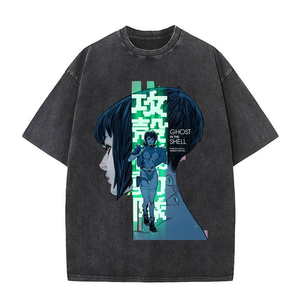 Camisetas Gráficas Vintage Lavadas de Anime Ghost in The Shell Motoko Kusanagi para Hombre y Mujer Moda Camisetas de Manga Corta Oversize
