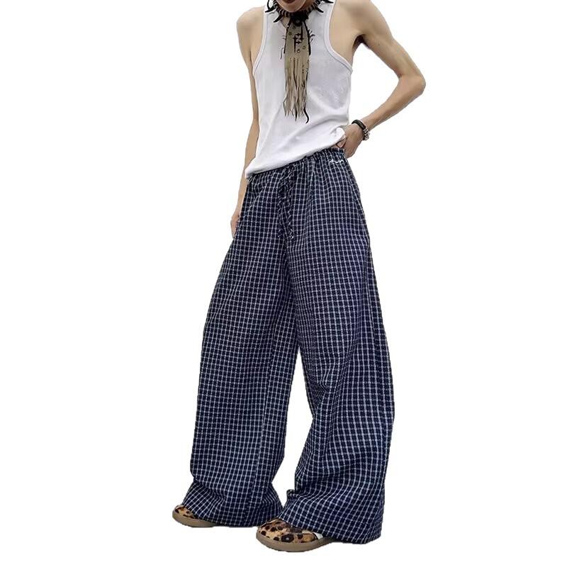 Summer thin plaid casual pants boys trendy brand loose drape straight trousers lazy wind mopping pants