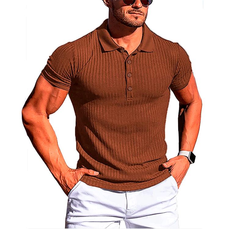 Men's Running and Fitness Clothing, Summer High Elasticity Vertical Stripe Short Sleeved Polo Shirt, Slim Fit Knitted Base Shirt