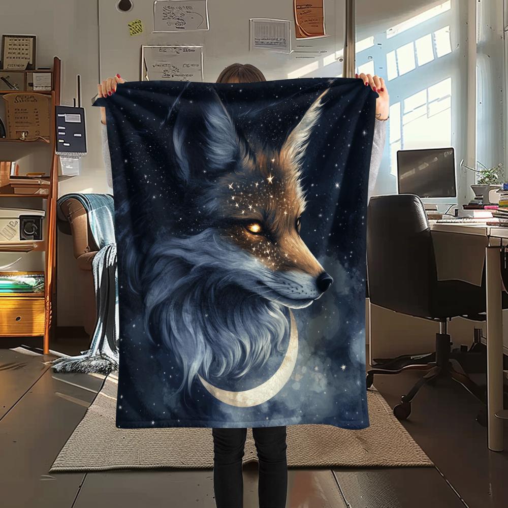 Fox and Moon pattern Flannel Blanket, High quality Comfortable for All Seasons, Home Decor, Warmth and Comfort, Perfect for Gifts.