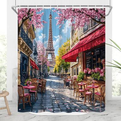 Französischer Paris Eiffelturm Duschvorhang Ölgemälde Europäische Stadtstraßenlandschaft Moderne Romantische Vintage-Szenerie Rosa Floral