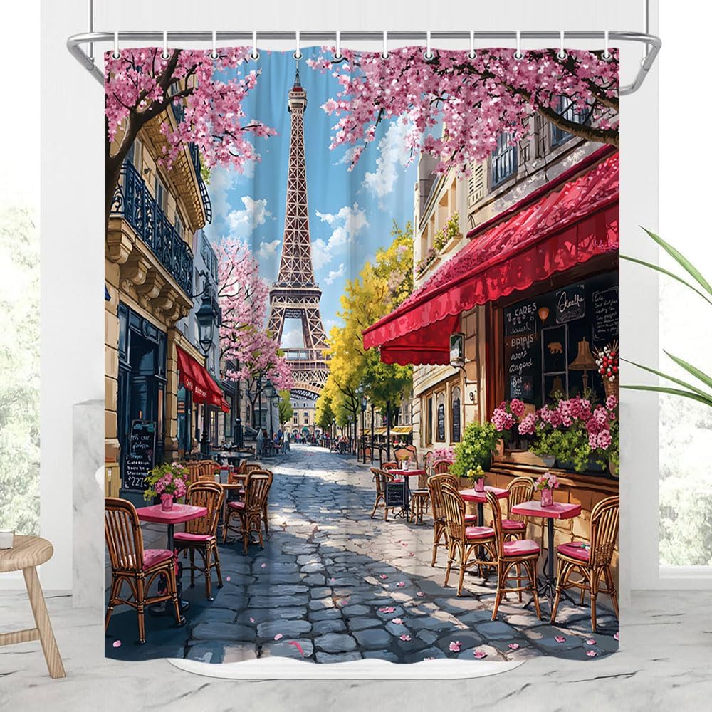 French Paris Eiffel Tower Shower Curtain Oil Painting European City Street Landscape Modern Romantic Vintage Scenery Pink Floral