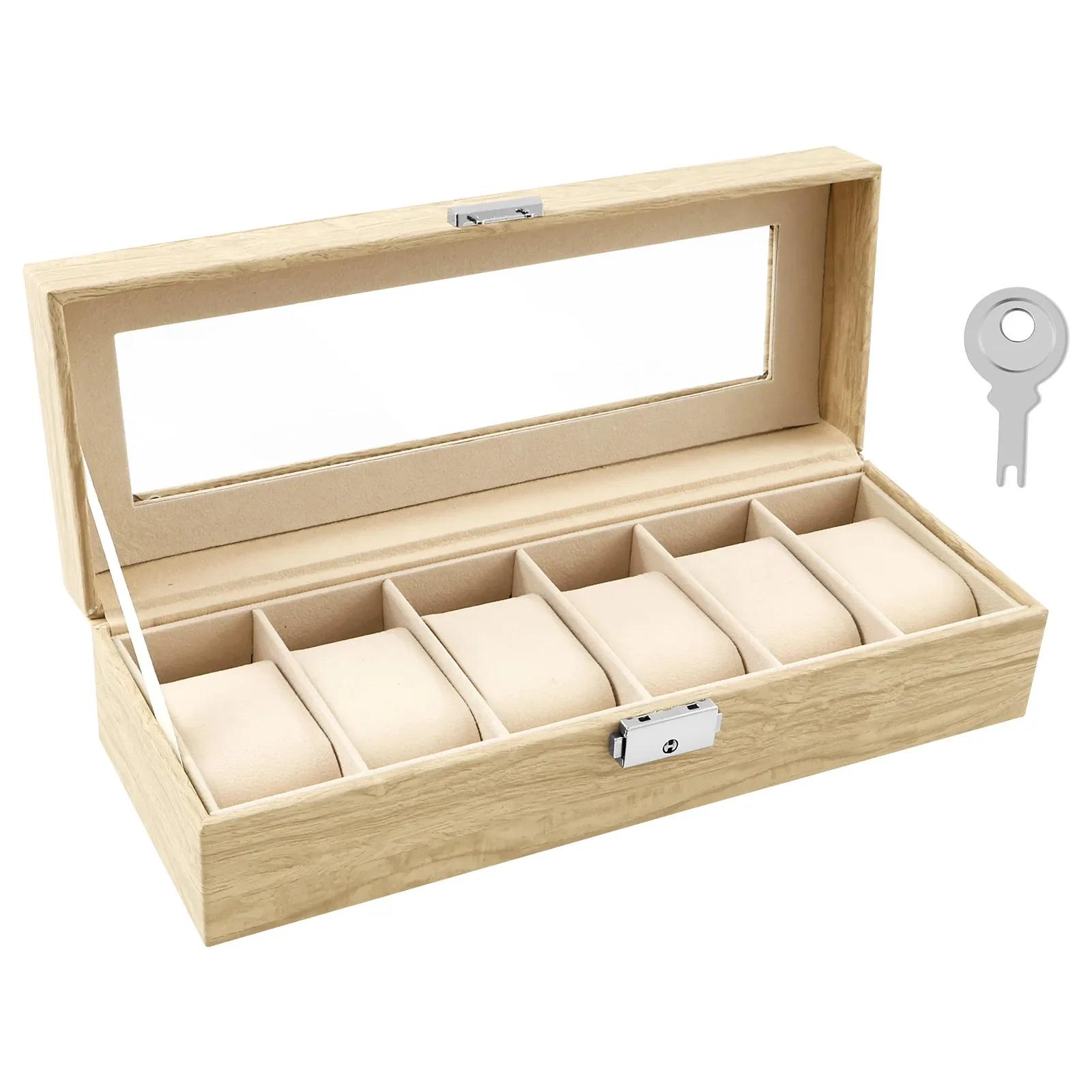 

6 Slot PU Leather Watch Box with Keys and Locks Transparent Glass Lid Removable Watch Pillows Organizer Jewelry Display Box хакі