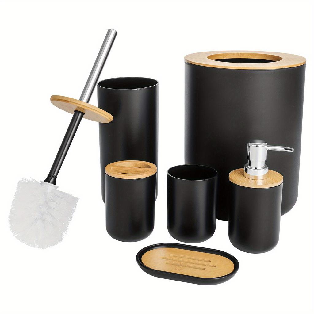 6pcs Bathroom Accessories Bathroom Trash Can Toilet Brush Set Toothbrush Cup Lotion Bottle Soap Box with Pump