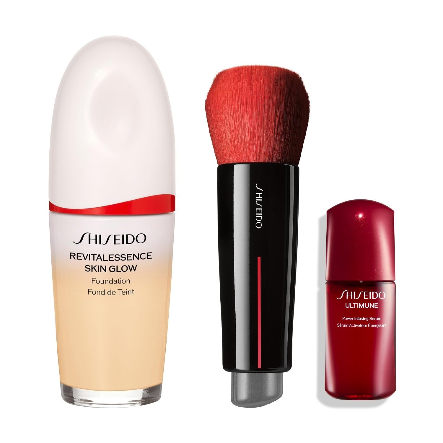 SHISEIDO makeup foundation brush kit essence skin glow foundation 130 opal 30mL + DAIYA FUDE face duo + Ultimune special size (serum 10mL)