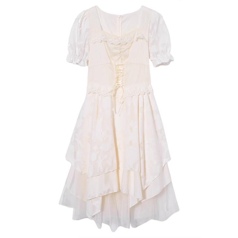 Summer French-Inspired Short-Sleeved Dress: Waist-Slimming, Tea-Length, Sweet Long Skirt