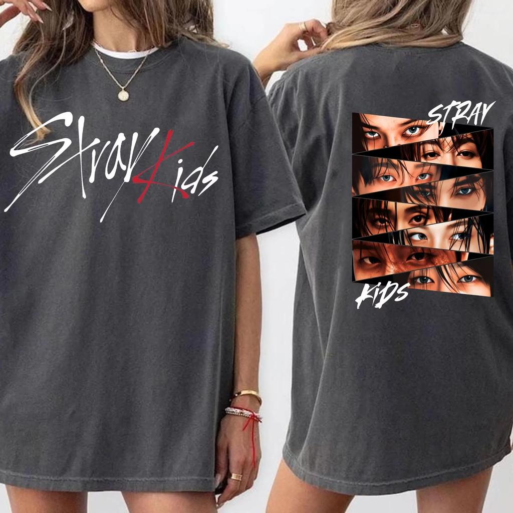 KPop Stray Kids Augen Collage T-Shirt Herren Damen Sommer Baumwolle Kleidung Vintage Hip Hop Hohe Qualität Kurzarm Streetwear Kleidung
