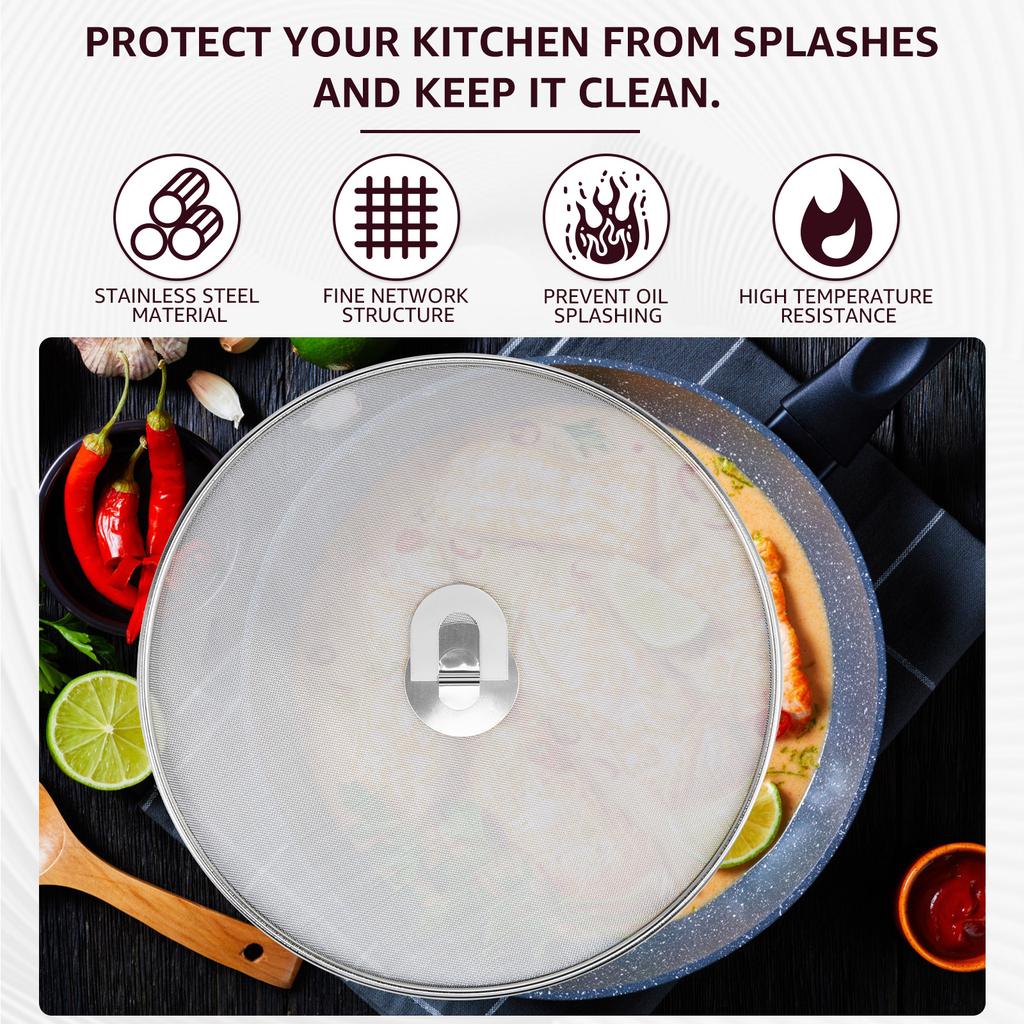3Pcs Splatter Guard Stainless Steel Frying Pan Splatter Screen with Foldable Handle Mesh Oil Proofing Lids for Kitchen Cooking