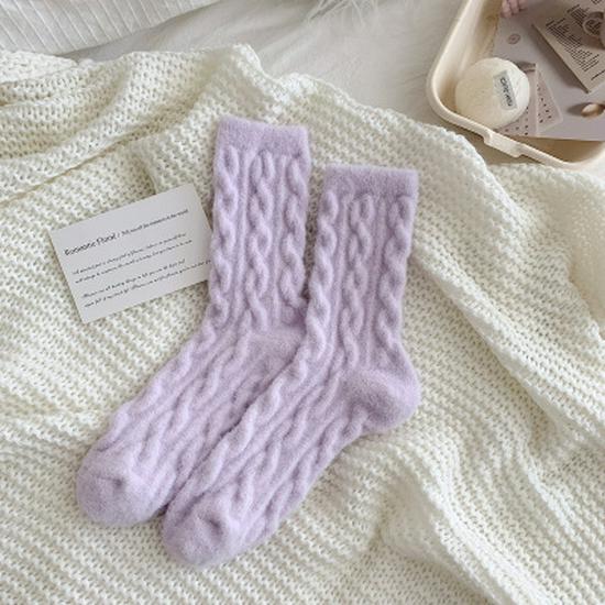 Women's Thick Fluffy Cable Knit Mid-Calf Plush Socks for Cold Weather and Postpartum Comfort