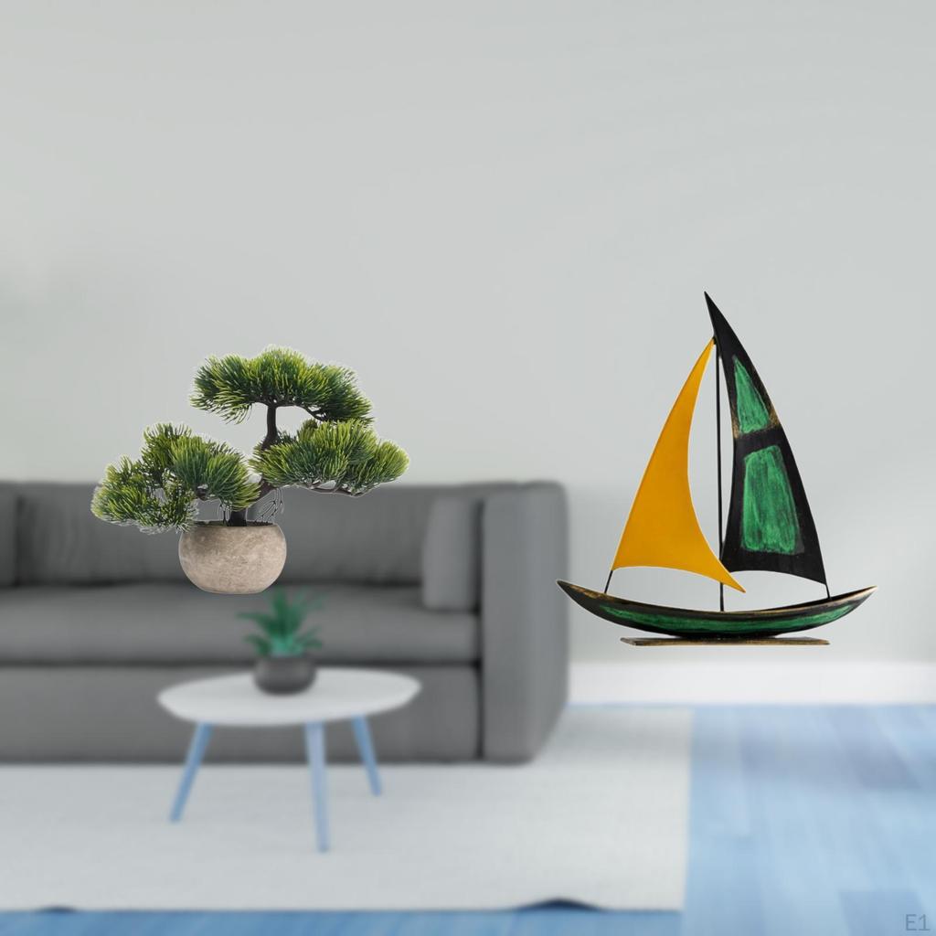 Greenery Bonsai Collection Faux Plant Iron Sailboat Sculpture Tabletop Ornament Feng Shui Decor
