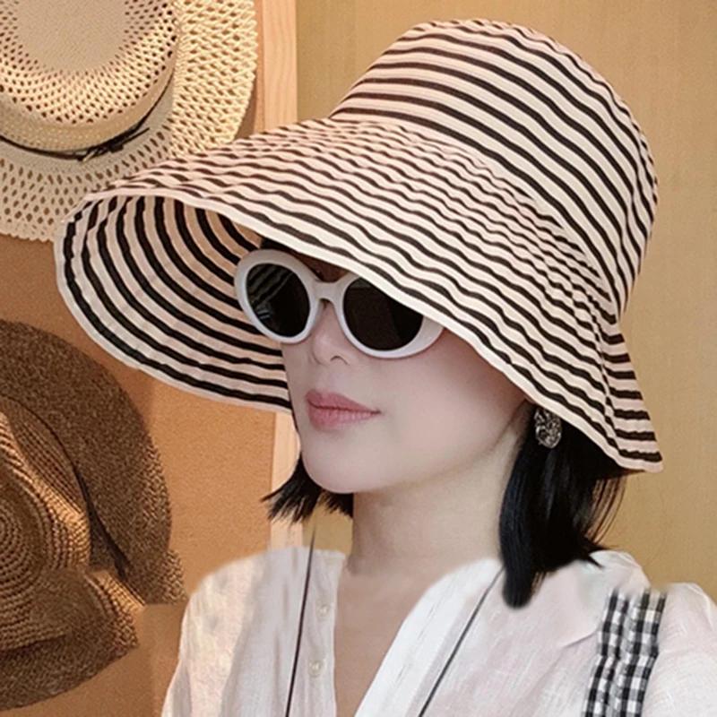 New Japanese Foldable Striped Bucket Hat, Women'S Upf 50+ Summer Sun Hat, Oversized Fisherman Cap Trendy Beach Accessories
