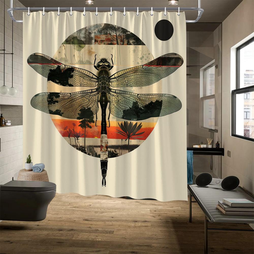 Dragonfly & Sunset Shower Curtain - Symmetrical Dragonfly, Abstract Circular Trees & Sunset Sky,  Fade-Resistant, Washable 90X180cm