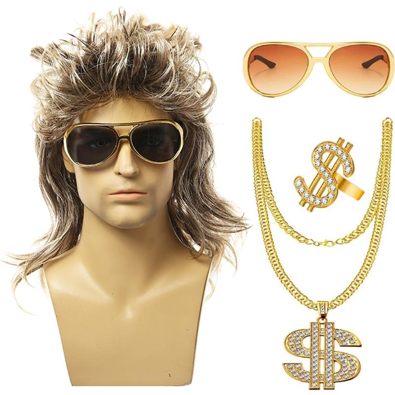 80s Disco Wig Costume Accessories Rocker Wig Set Glasses Necklace Hippie Costume Set Curly Rock Wig for Halloween Party